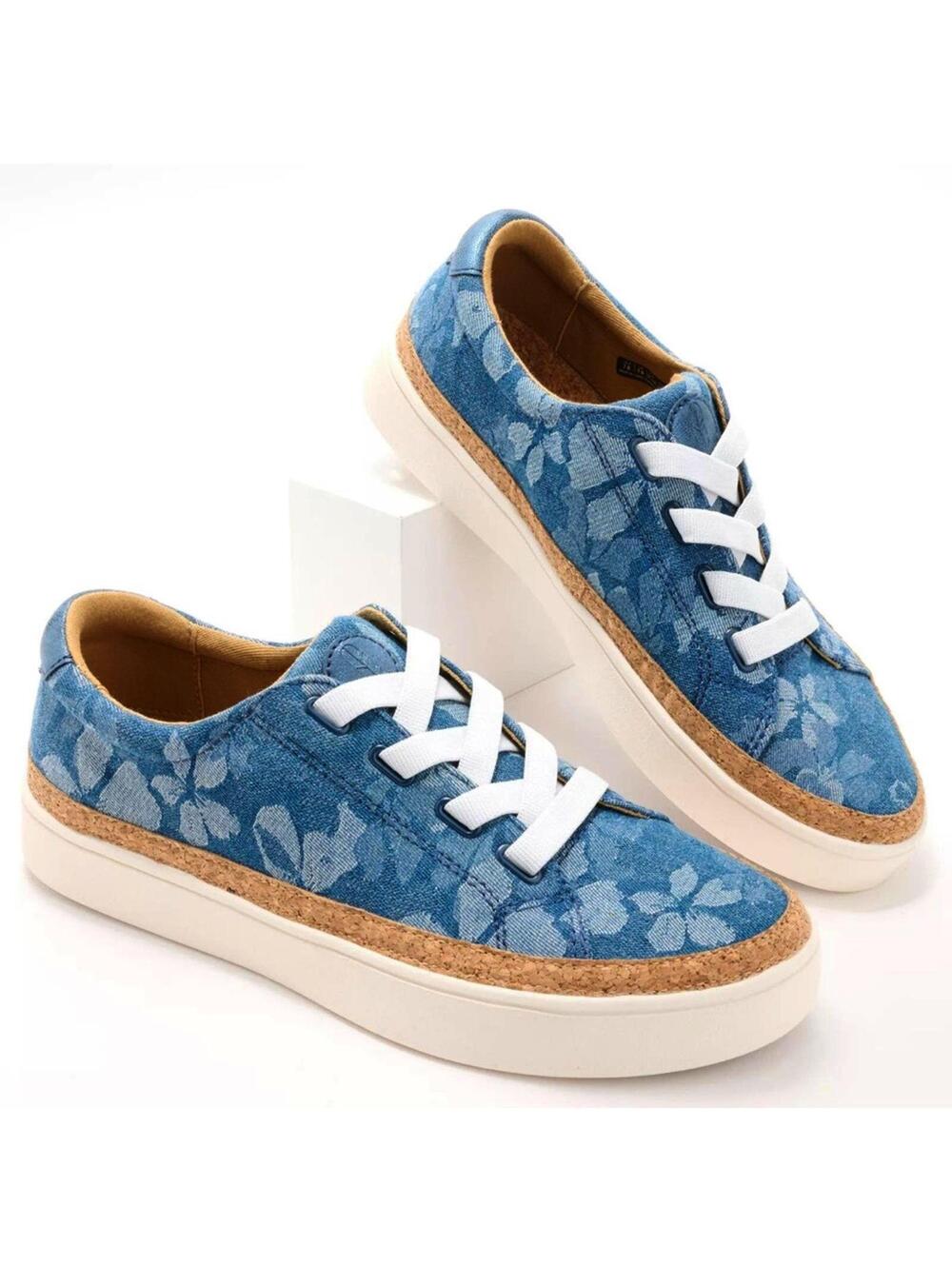 Revitalign Orthotic Gore-Lace Slip-On Sneaker Blue Denim Floral Hermosa | Sz 11